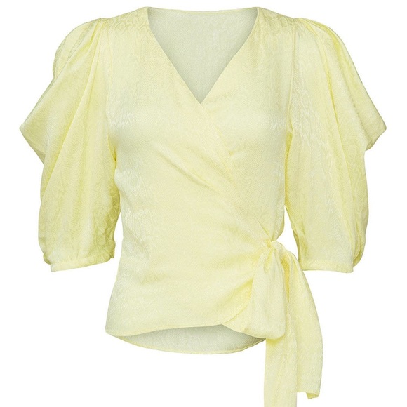 Krisa x RTR Yellow Satin Wrap Top Puff Sleeve Blouse Medium Resort Wedding Guest - Picture 4 of 4